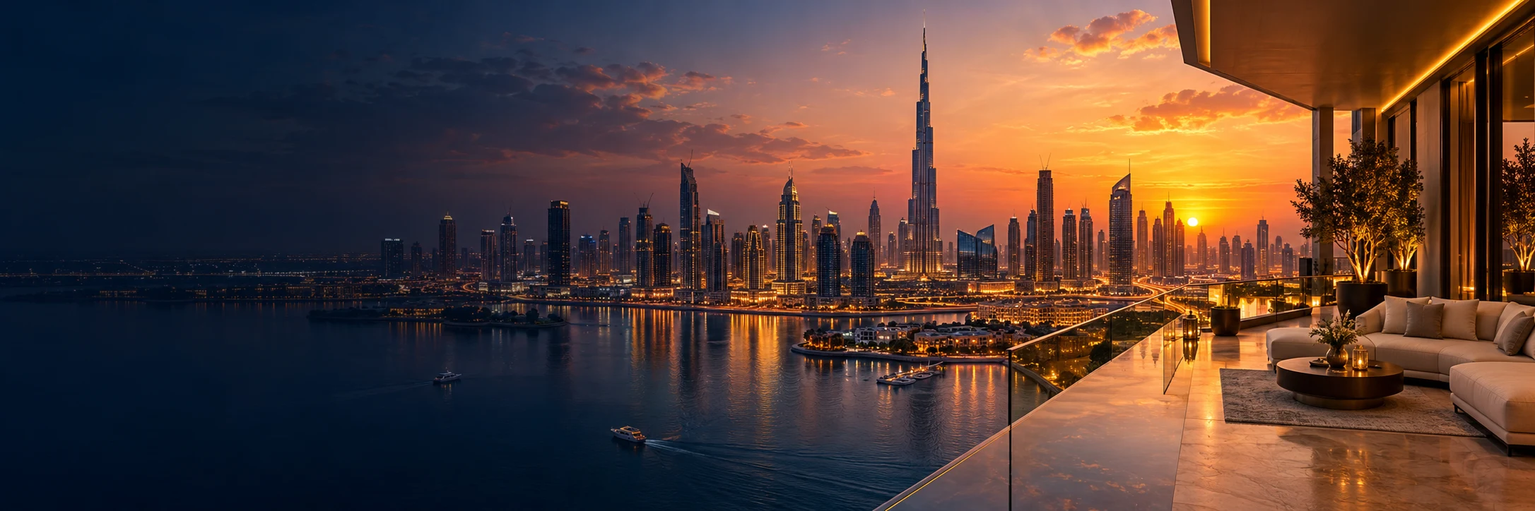 Dubai Real Estate Companies guide — illustrative skyline and waterfront terrace