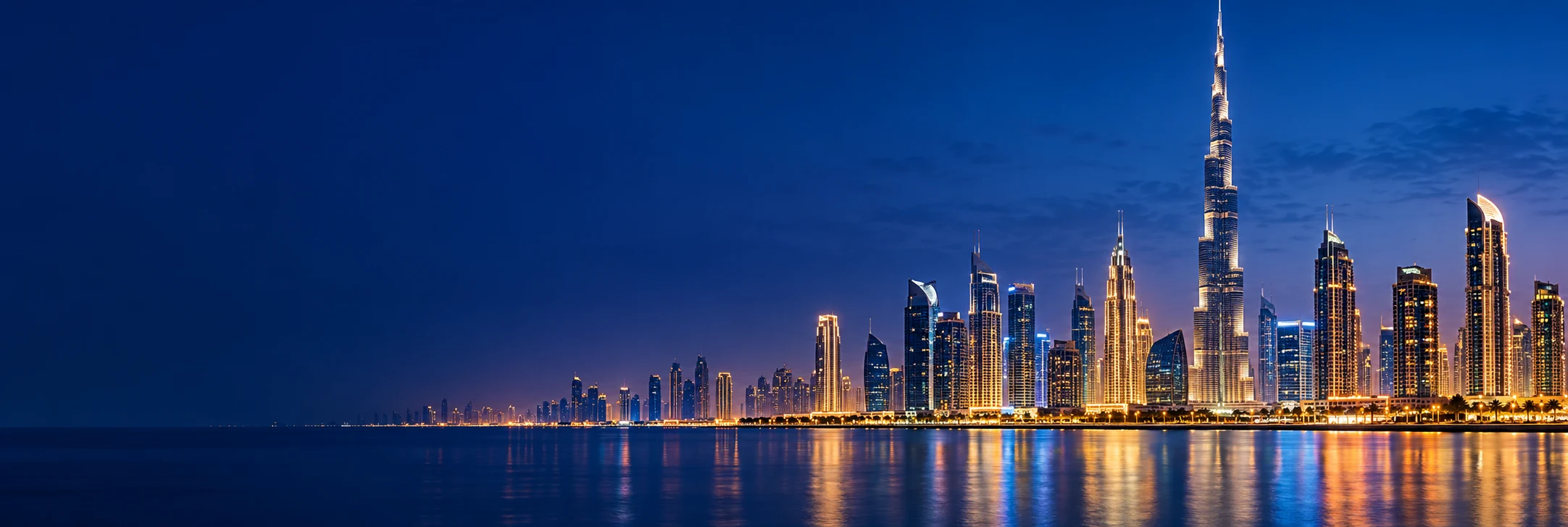 Illustrative Dubai skyline at blue hour with illuminated waterfront towers