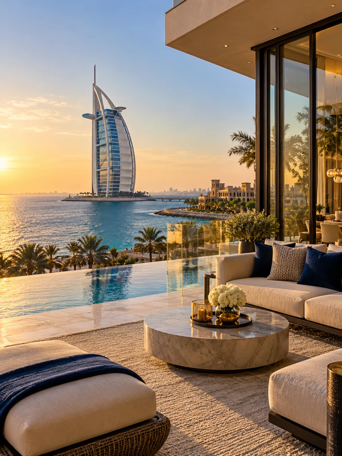 Illustrative Dubai waterfront terrace overlooking Burj Al Arab